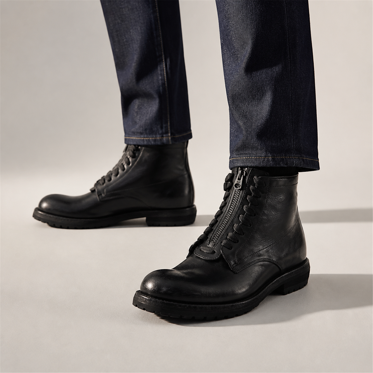 VanPasch Atlas Plain-Toe Service Boot in Black Leather, on-foot view