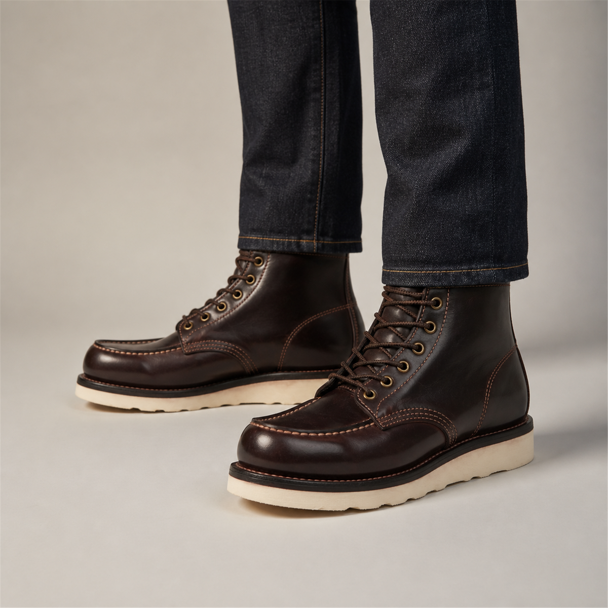 VanPasch Railman Moc-Toe Wedge Boot in Coffee Brown Horse Leather, on-foot view