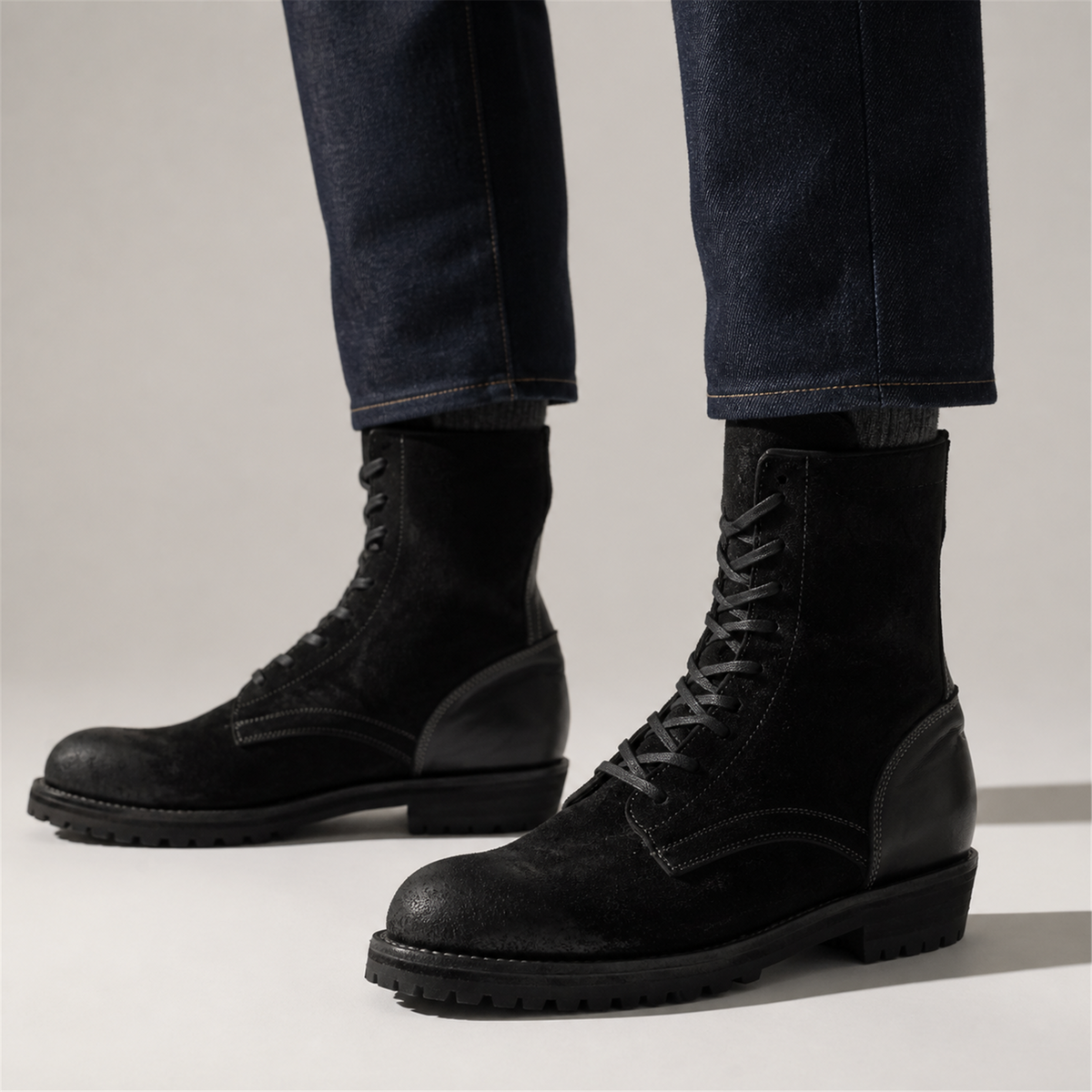VanPasch Ridgeway Tall Lace-Up Boot in Black Leather, on-foot view
