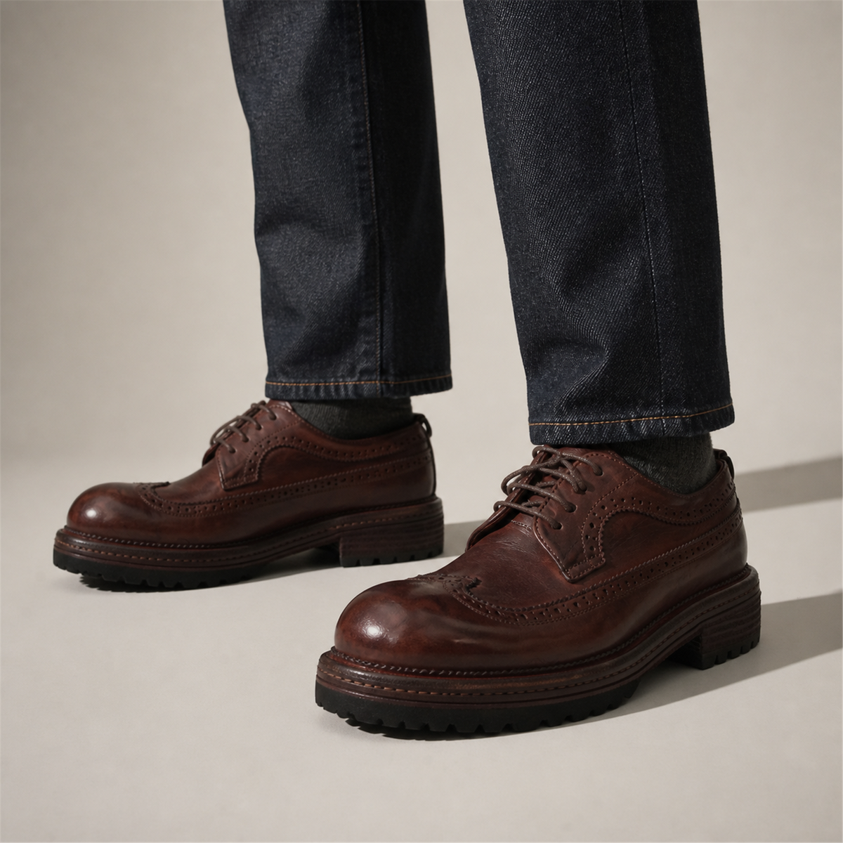 VanPasch Wellington Longwing Derby in Coffee Brown Leather, on-foot view