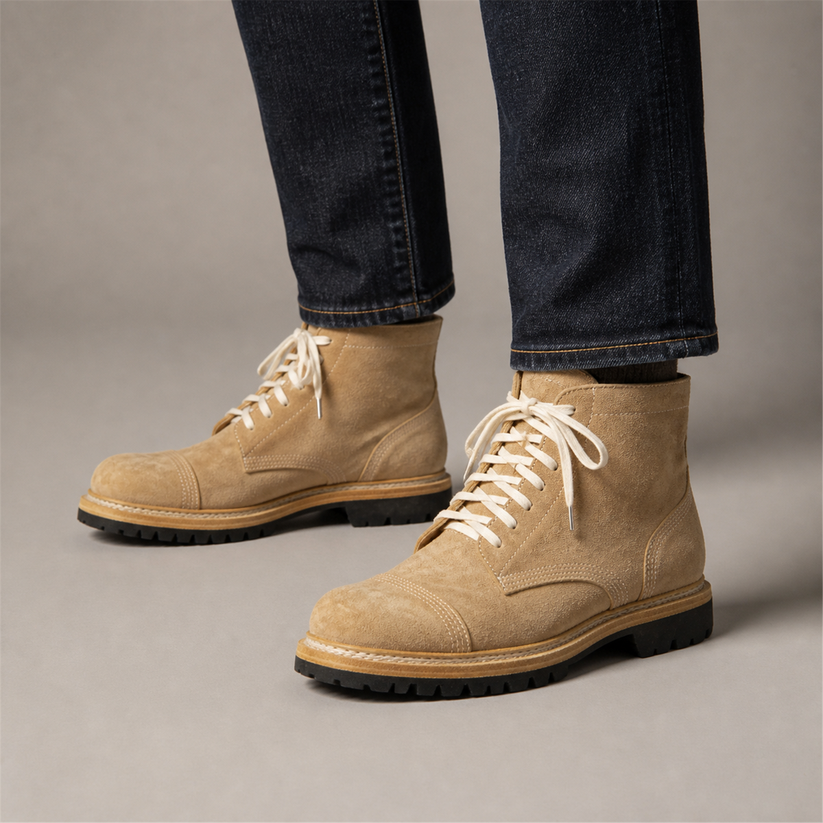 VanPasch Hawthorne Cap-Toe Service Boot in Caramel Brown Leather, on-foot view