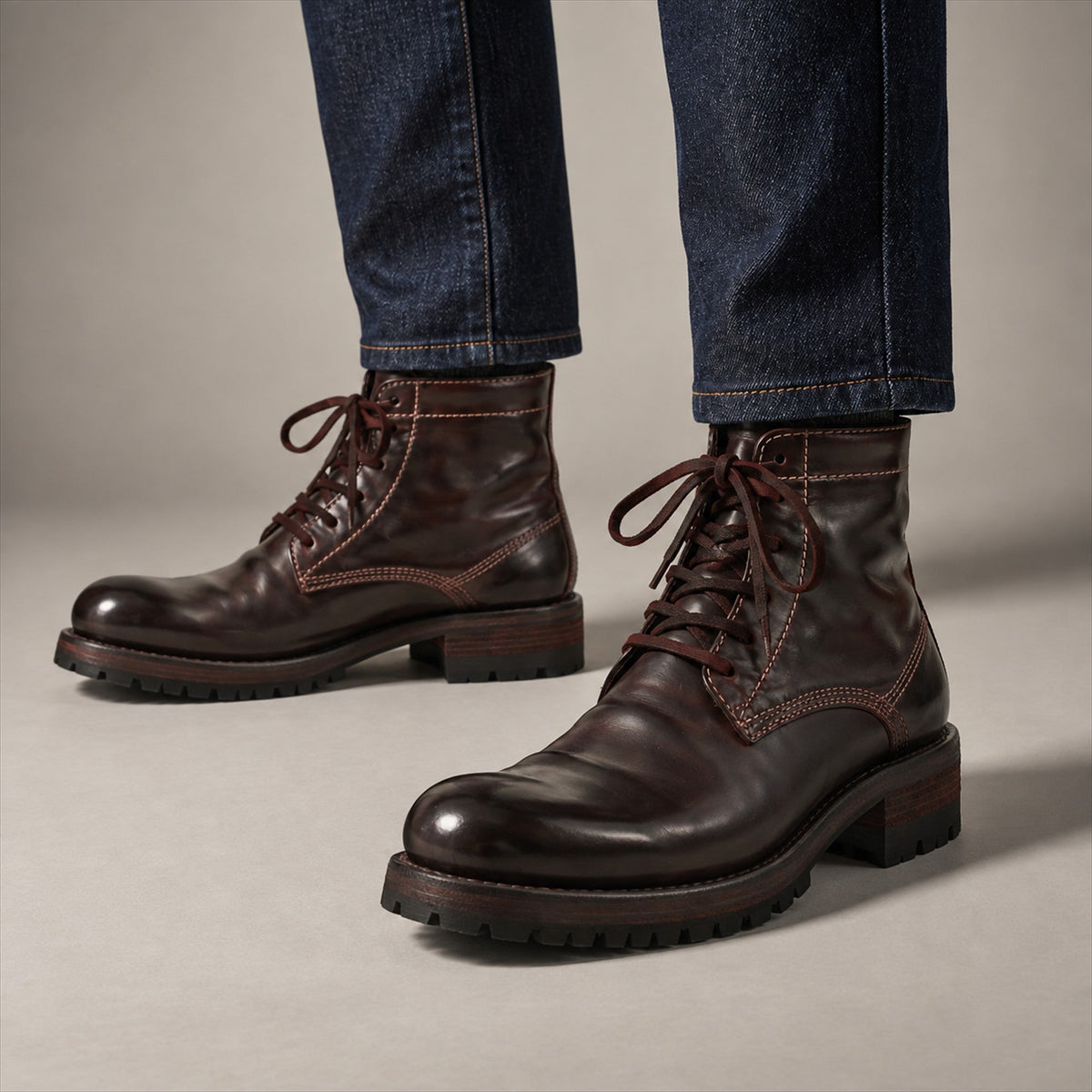 VanPasch 262319A Coffee horsebutt leather boots, on-foot view with both feet