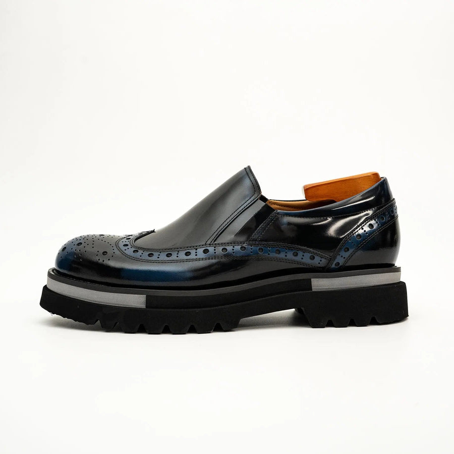Black-Blue Brogue Lug-Sole Loafer VanPasch