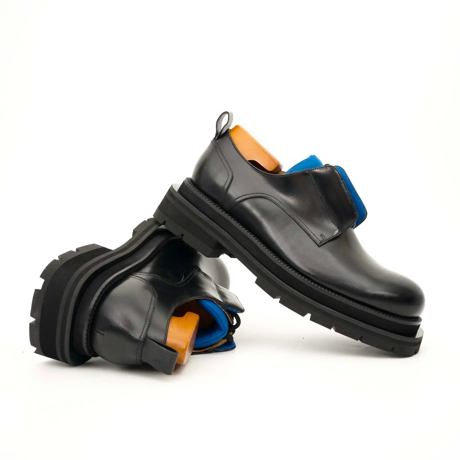 Black Blue Lug Sole Derby Shoes