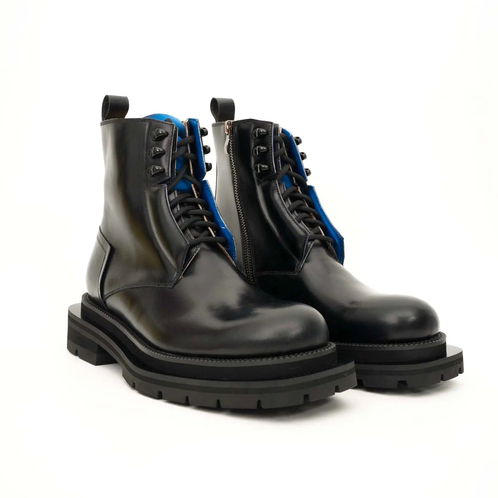 Black Blue Lug Sole Leather Boots