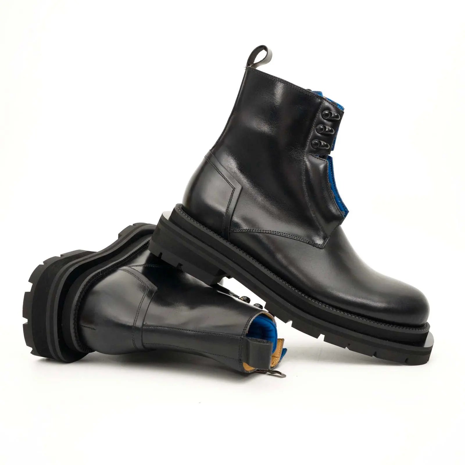 Black Blue Lug Sole Leather Boots