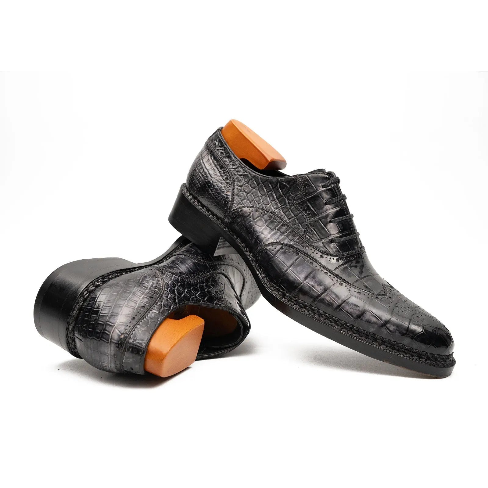 Black Grey Crocodile Oxford Shoes Goodyear Norwegian 8017 VanPasch