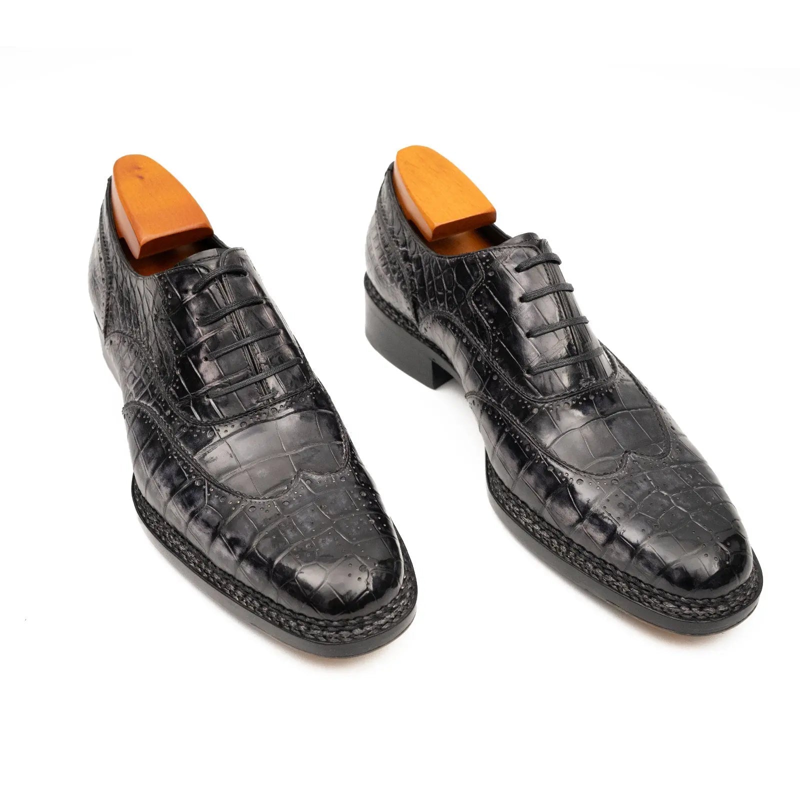 Black Grey Crocodile Oxford Shoes Goodyear Norwegian 8017 VanPasch