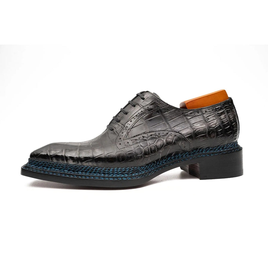 Black Grey Crocodile Oxford Shoes Goodyear Norwegian 8018 VanPasch