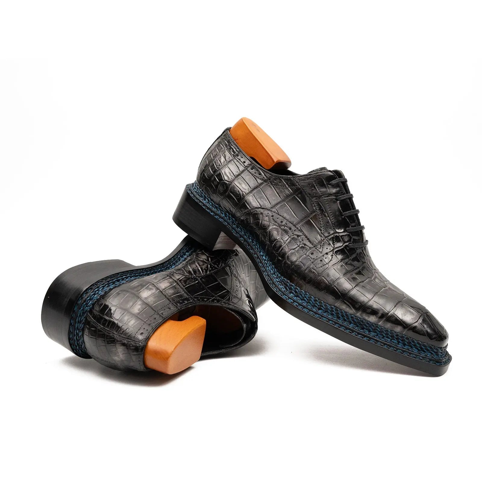 Black Grey Crocodile Oxford Shoes Goodyear Norwegian 8018 VanPasch