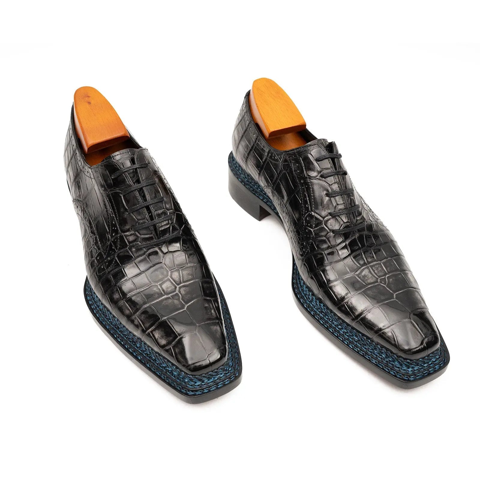 Black Grey Crocodile Oxford Shoes Goodyear Norwegian 8018 VanPasch