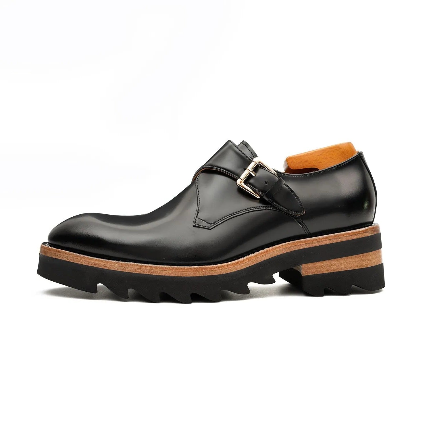 Black Leather Monk Strap Shoes with Chunky Soles DIVINCH