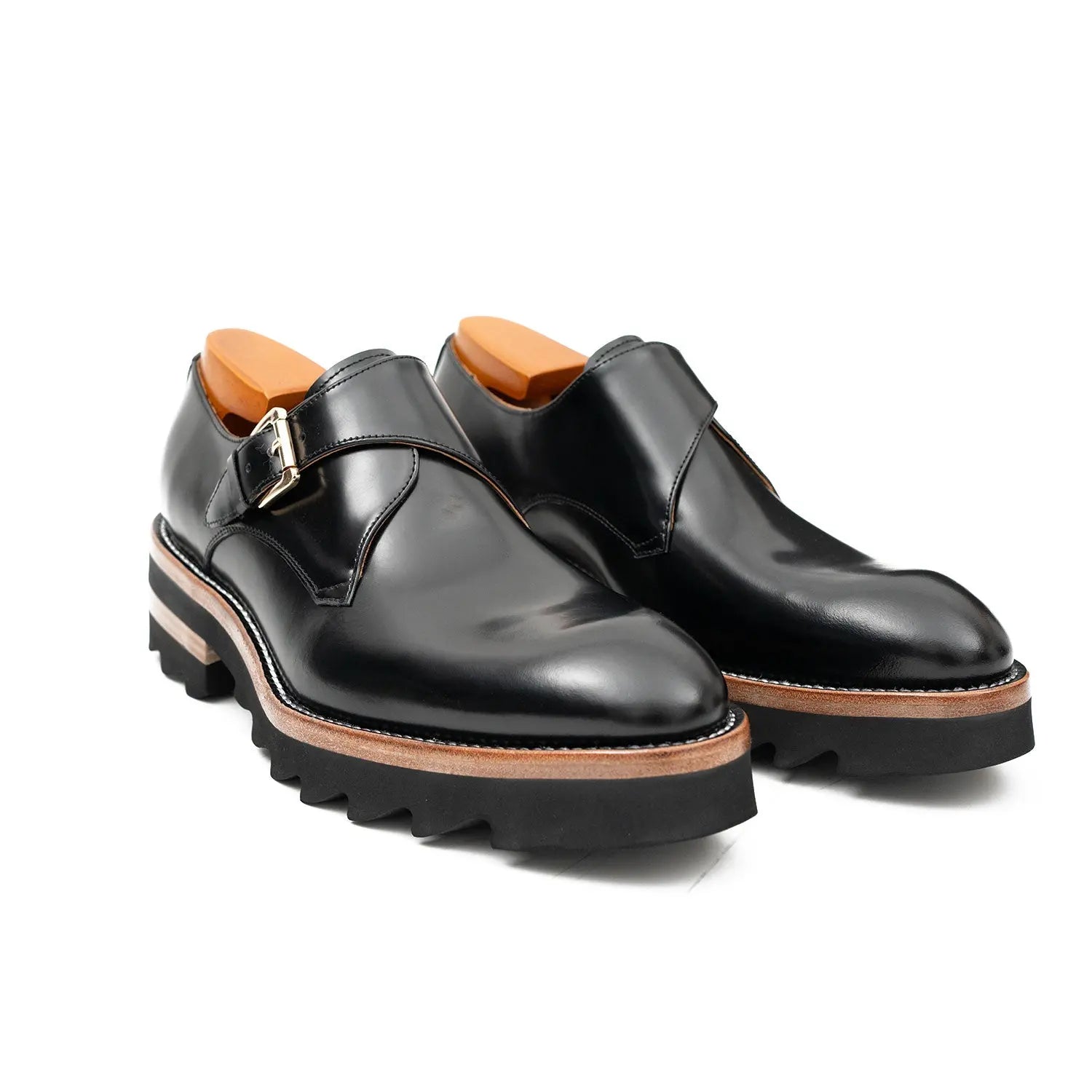 Black Leather Monk Strap Shoes with Chunky Soles VanPasch