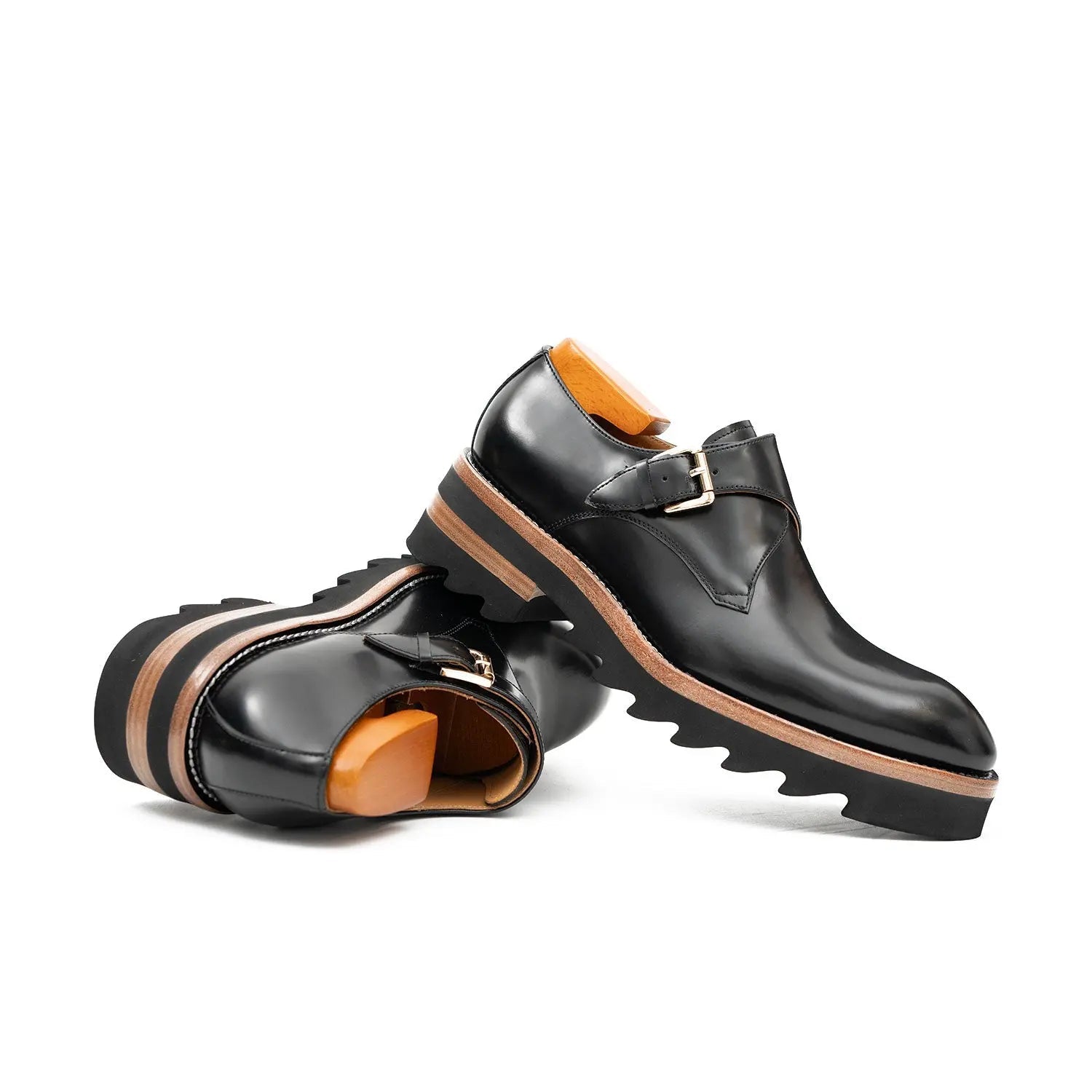 Black Leather Monk Strap Shoes with Chunky Soles VanPasch