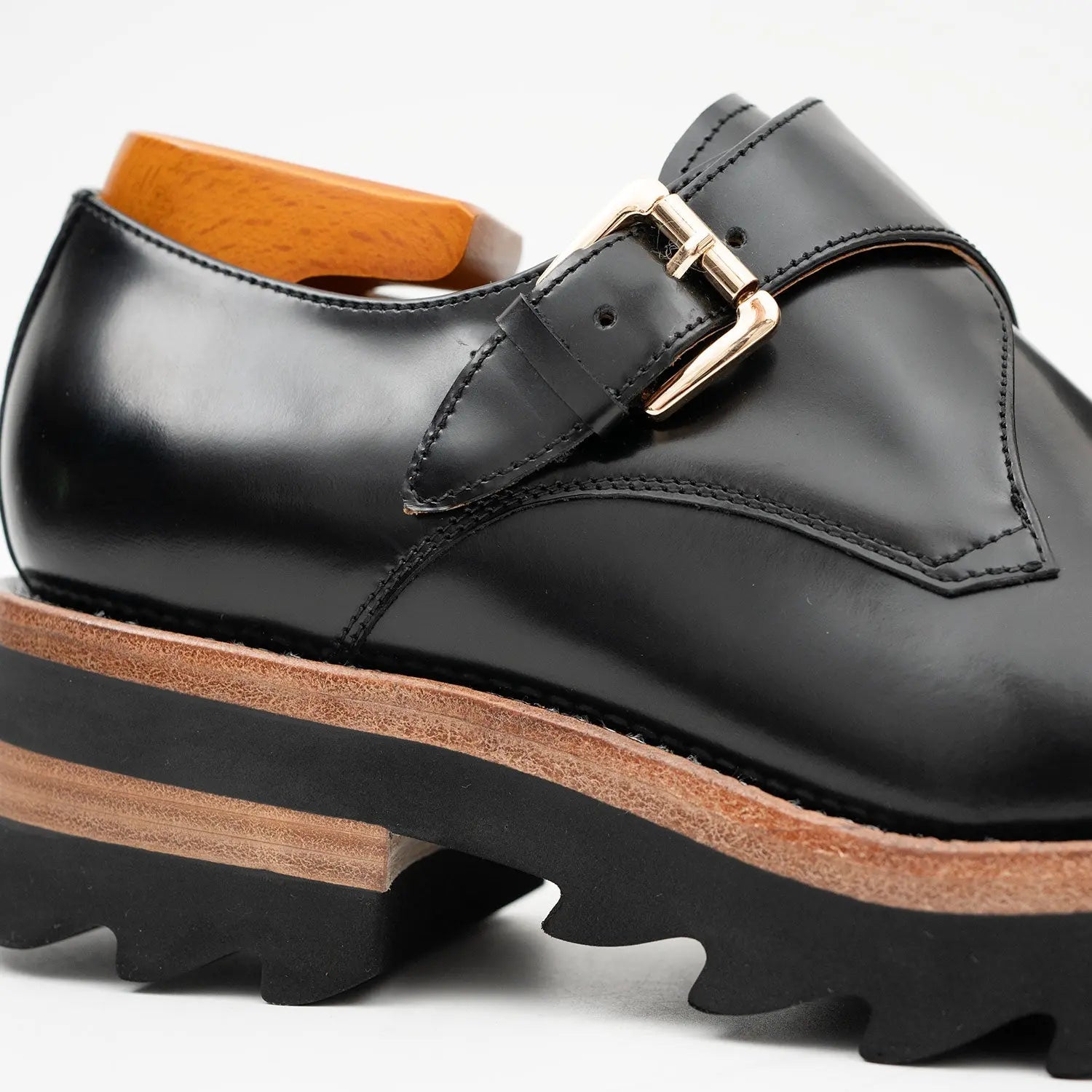 Black Leather Monk Strap Shoes with Chunky Soles VanPasch