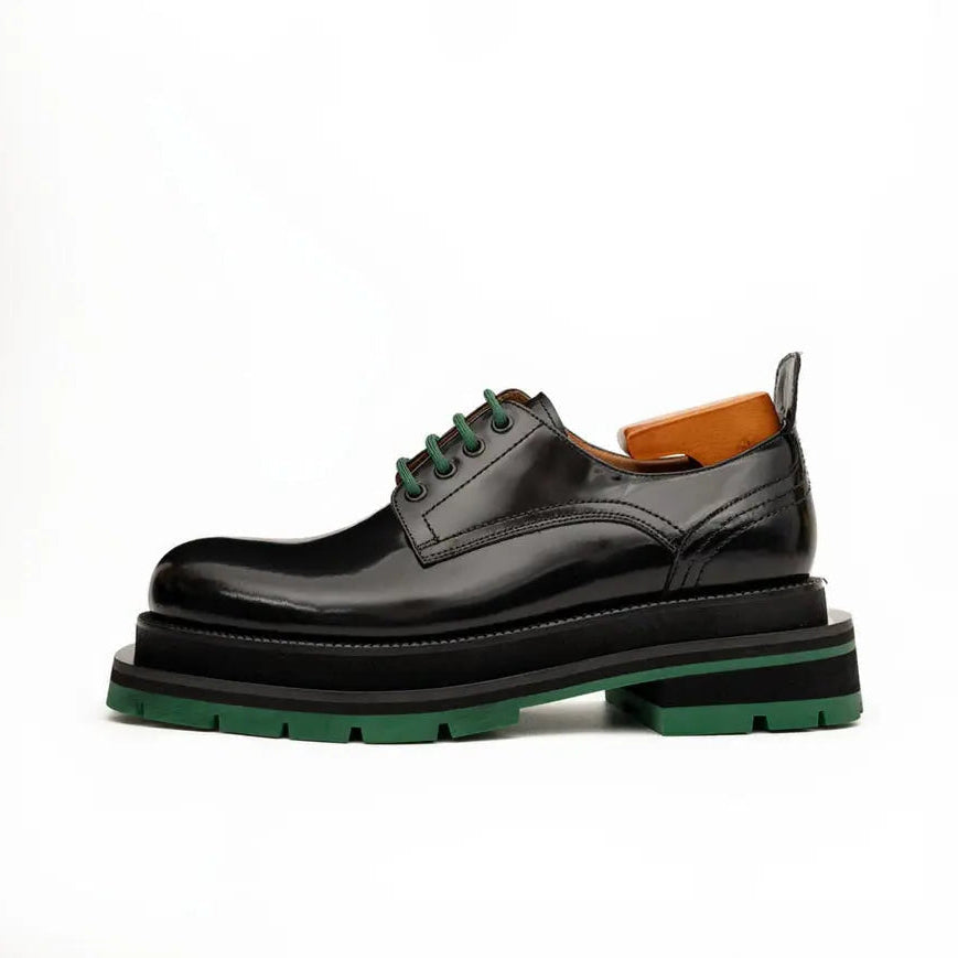 VanPasch 8222KB-L black derby shoe side profile with green laces and green lug sole