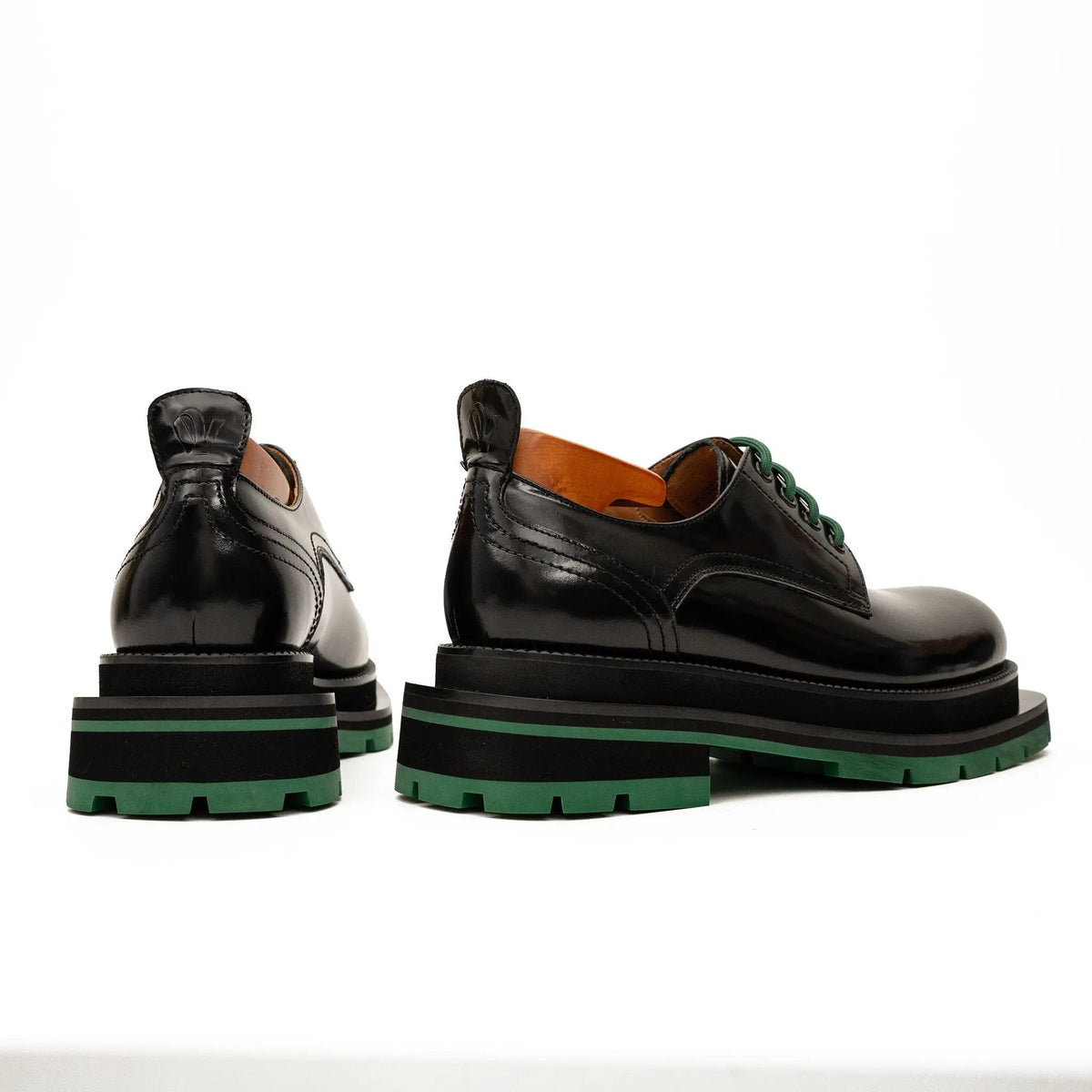 VanPasch 8222KB-L black derby shoes rear and side view with green lug sole