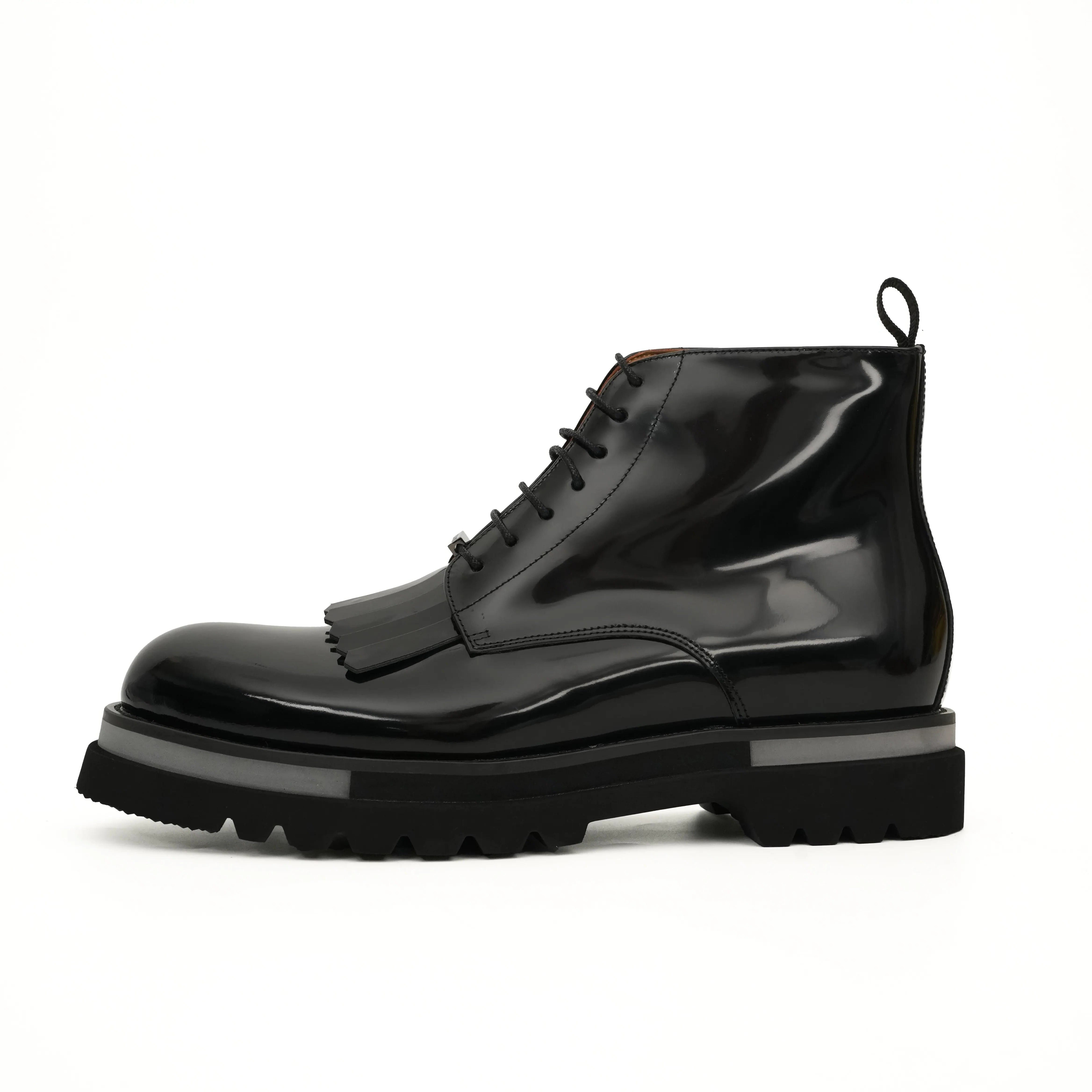 Black Patent Fringe Lug Sole Boots