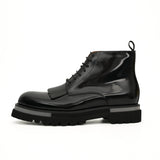 Black Patent Fringe Lug Sole Boots