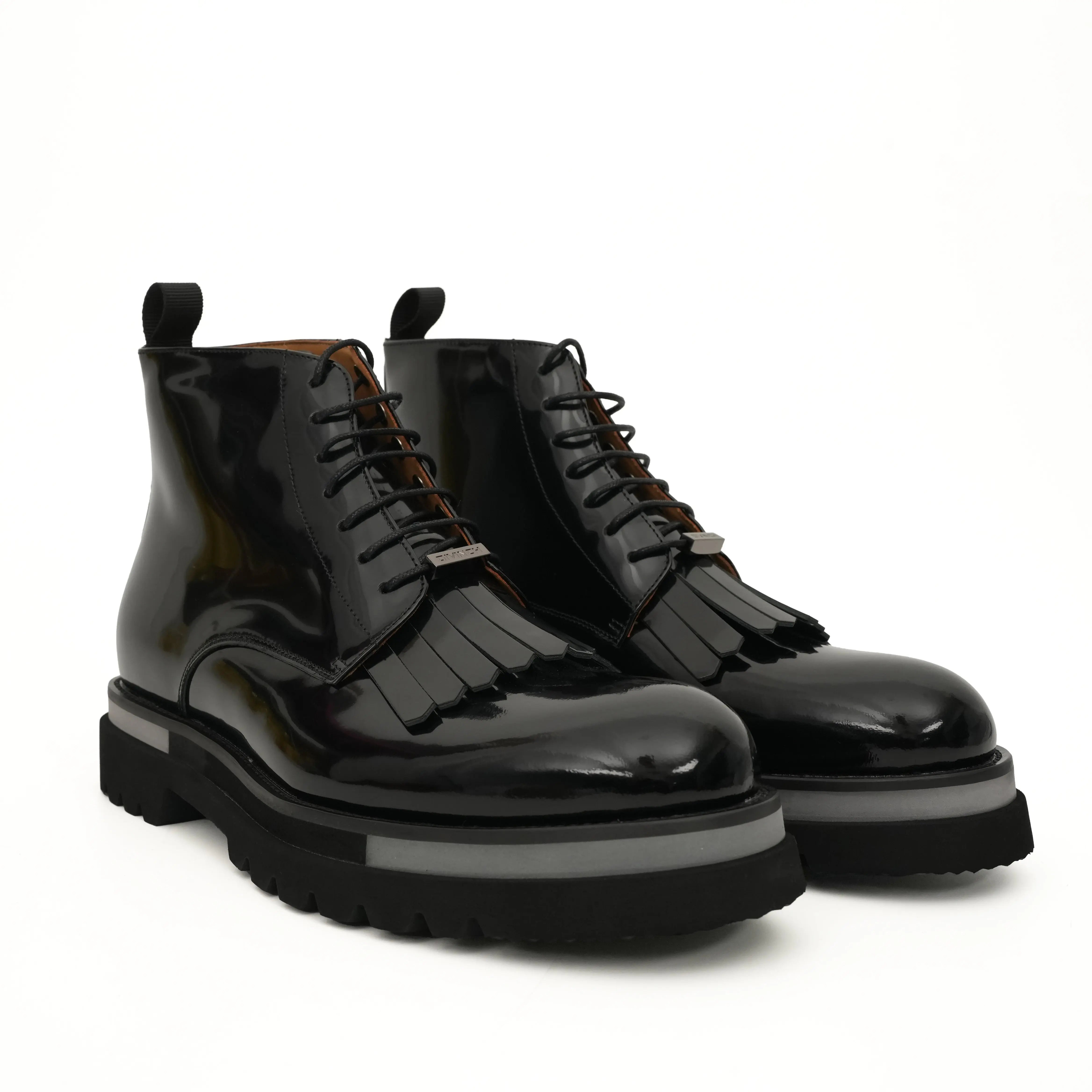 Black Patent Fringe Lug Sole Boots