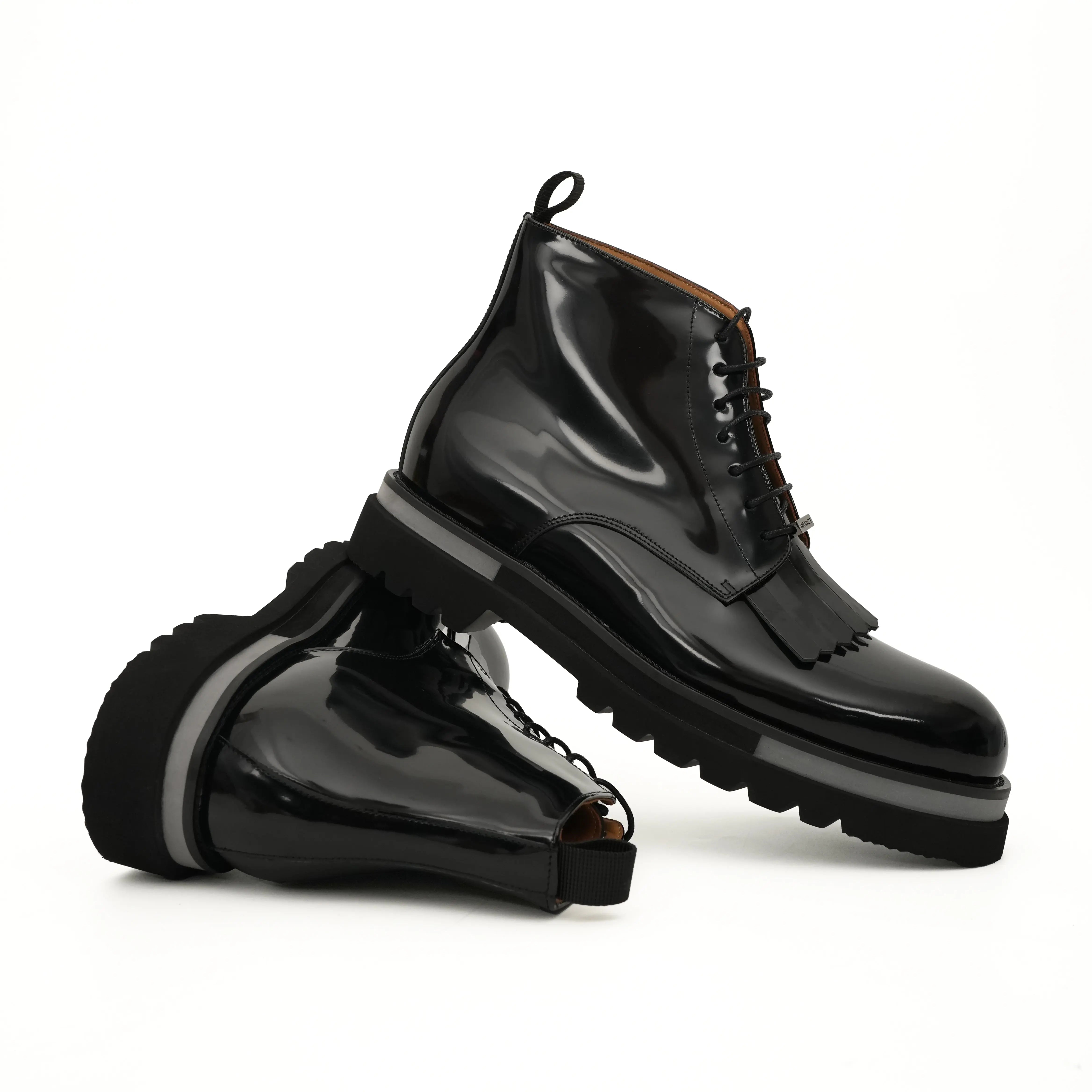 Black Patent Fringe Lug Sole Boots