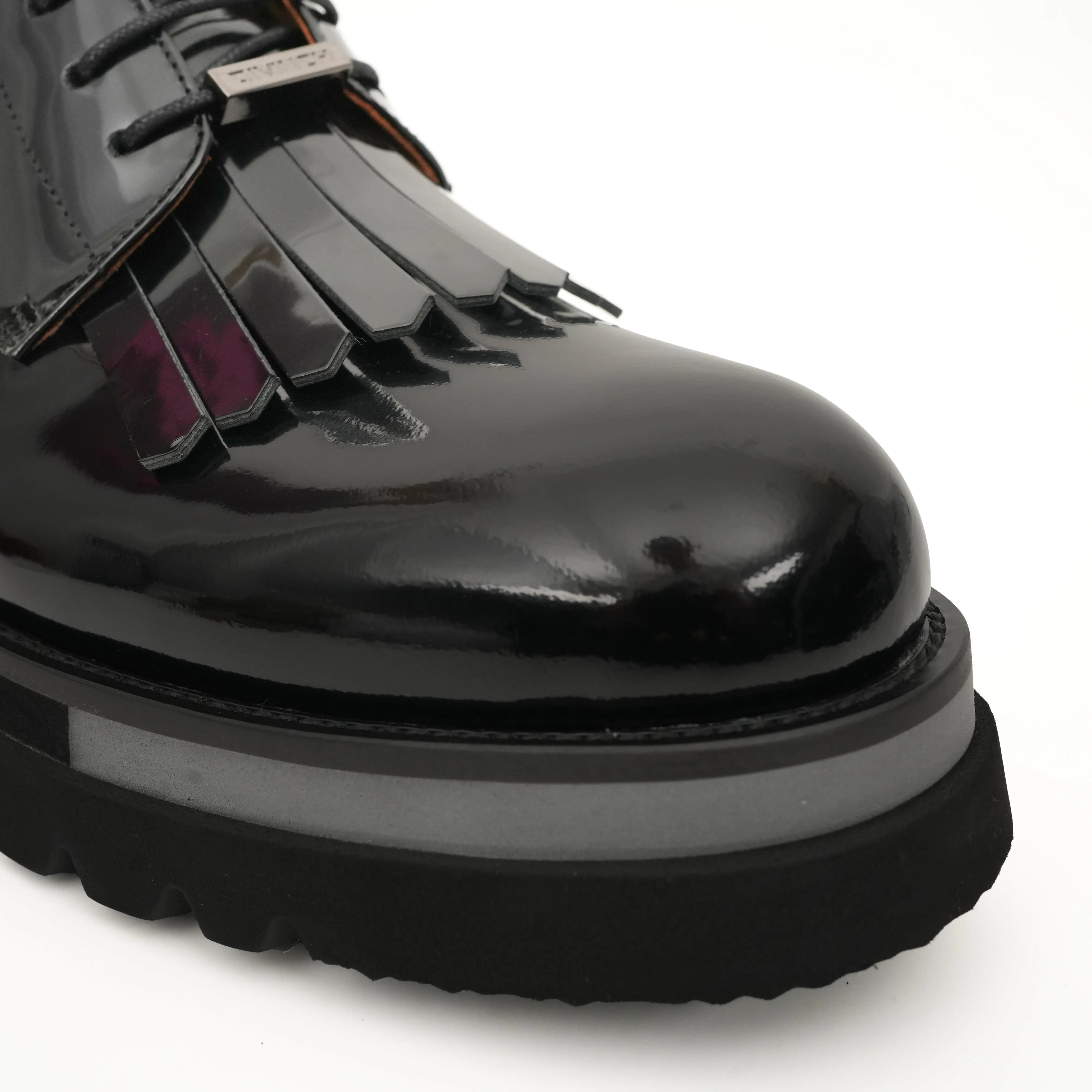Black Patent Fringe Lug Sole Boots