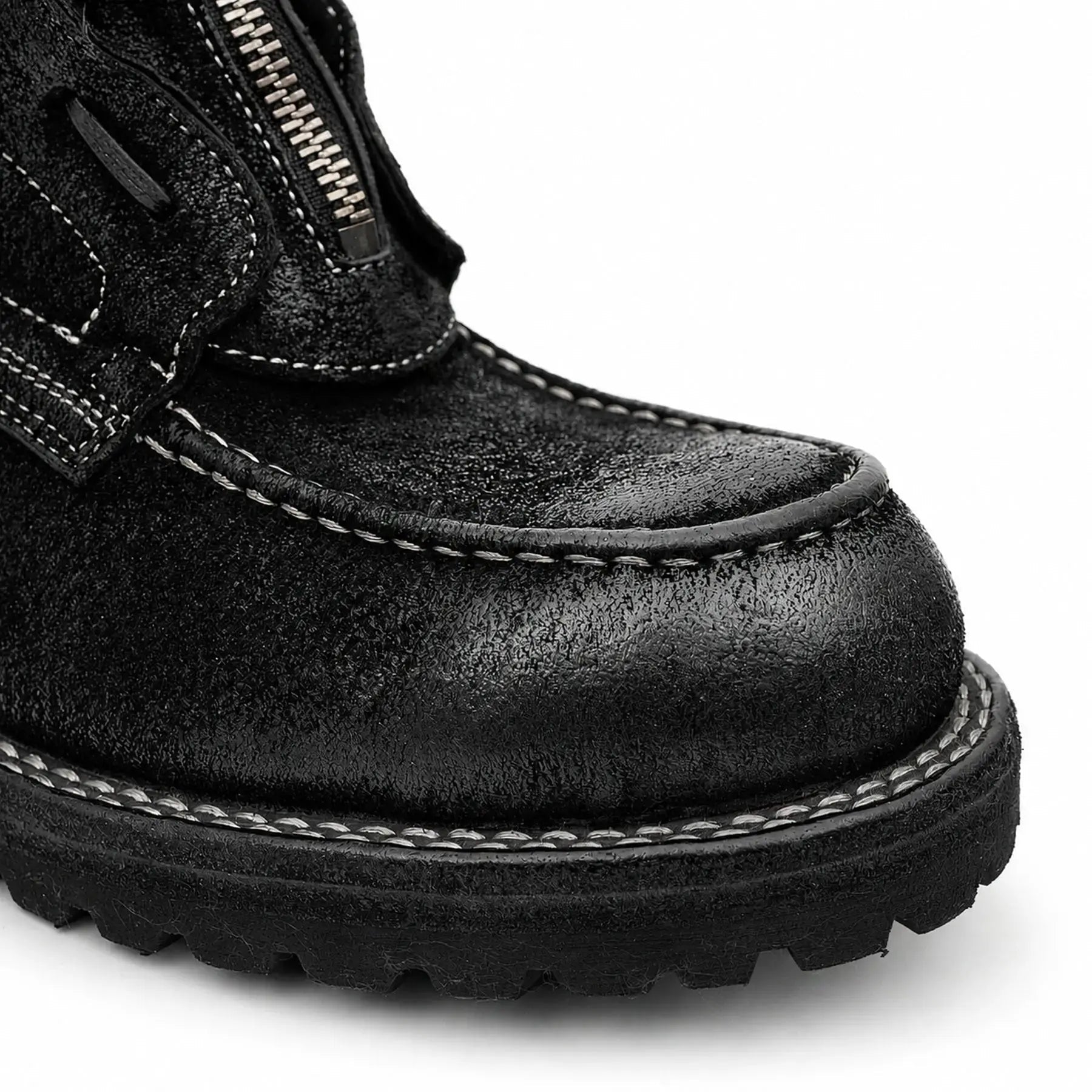 VanPasch 5001B black textured boot toe stitching and zipper detail