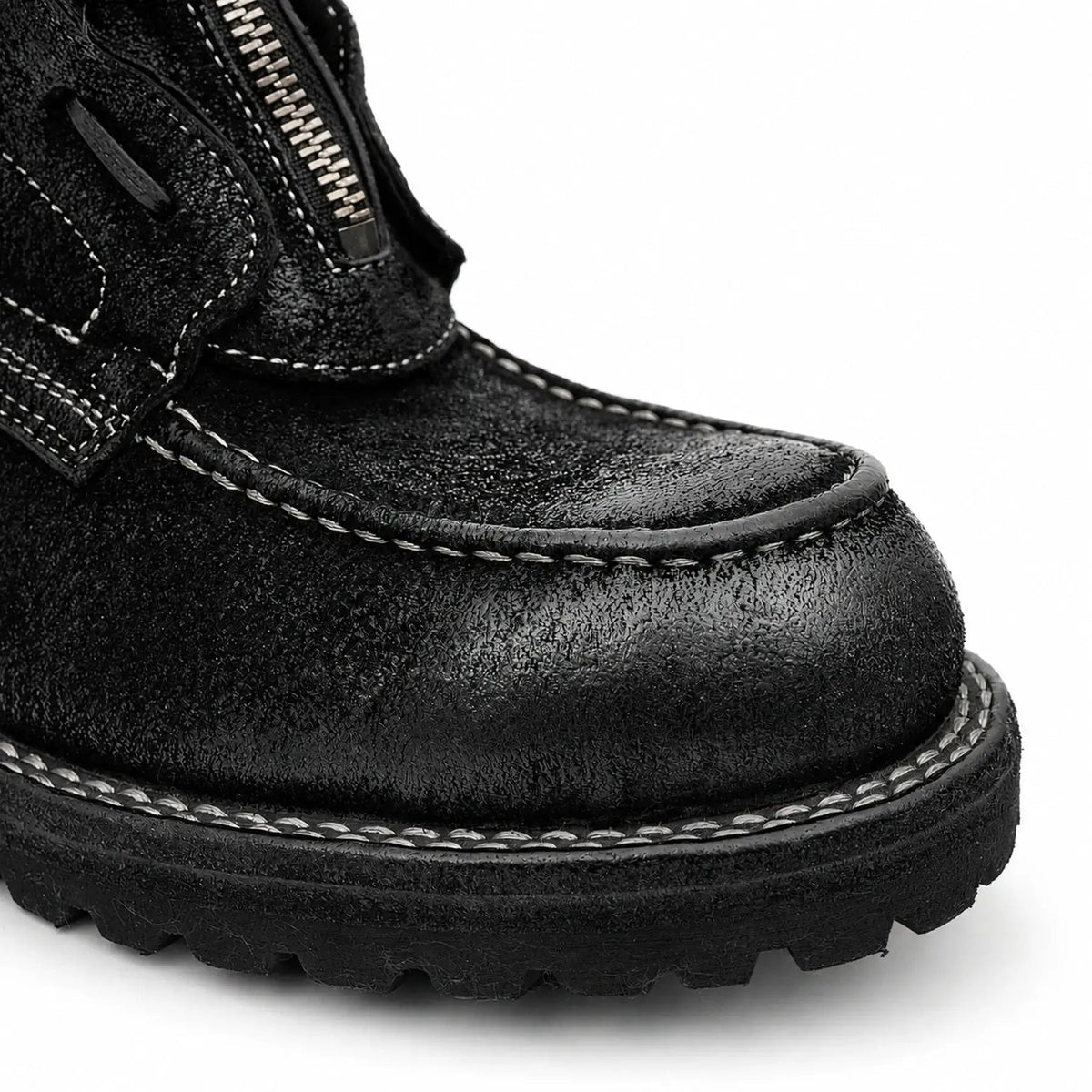 VanPasch 5001B black textured boot toe stitching and zipper detail