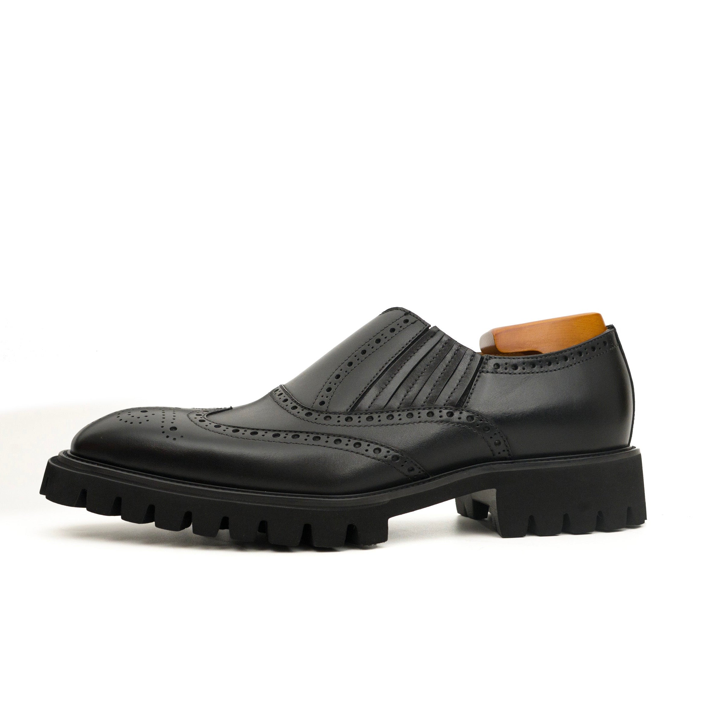 Black Wingtip Brogue Slip-On Shoes with Lug Sole | VanPasch