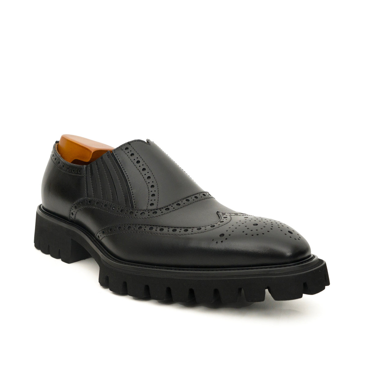 Black Wingtip Brogue Slip-On Shoes with Lug Sole | VanPasch