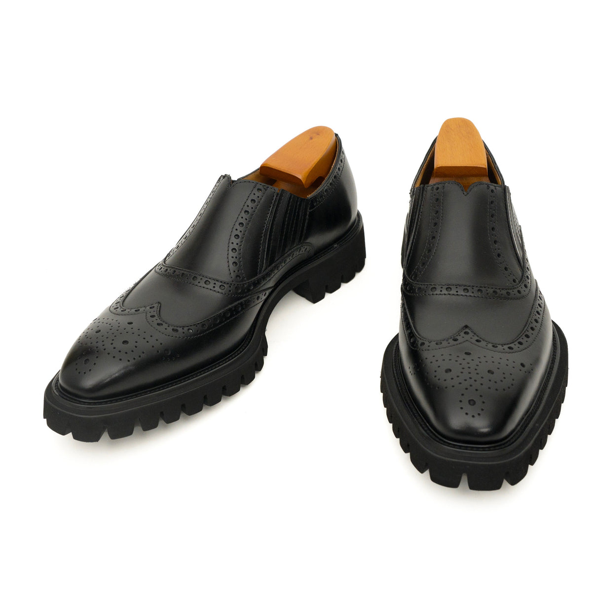 Black Wingtip Brogue Slip-On Shoes with Lug Sole | VanPasch