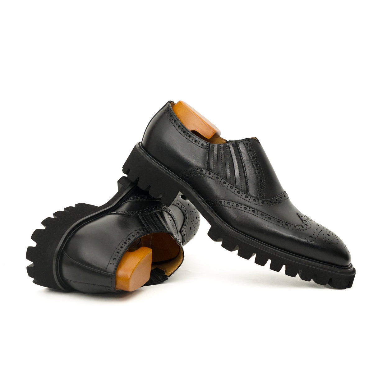 Black Wingtip Brogue Slip-On Shoes with Lug Sole | VanPasch