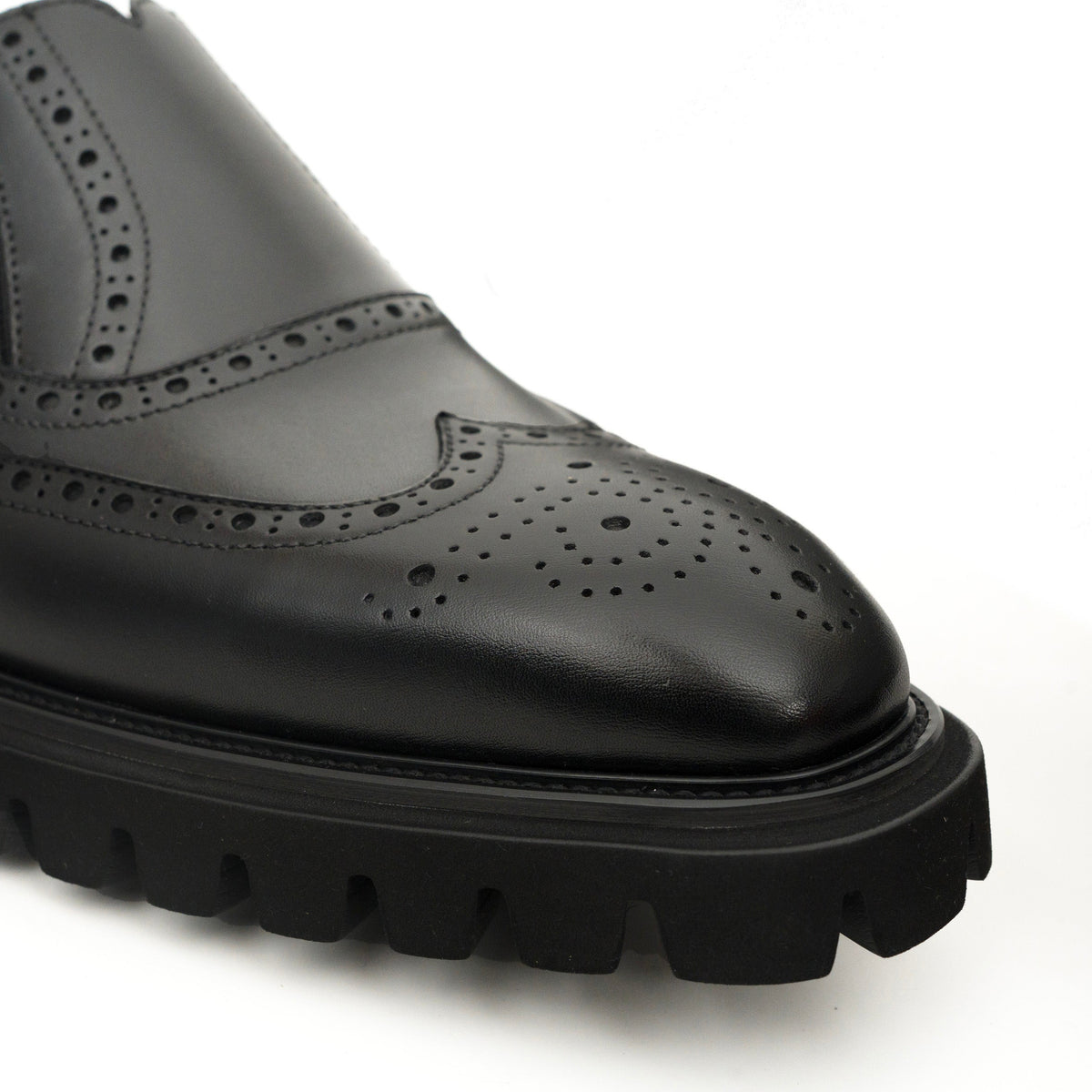 Black Wingtip Brogue Slip-On Shoes with Lug Sole | VanPasch