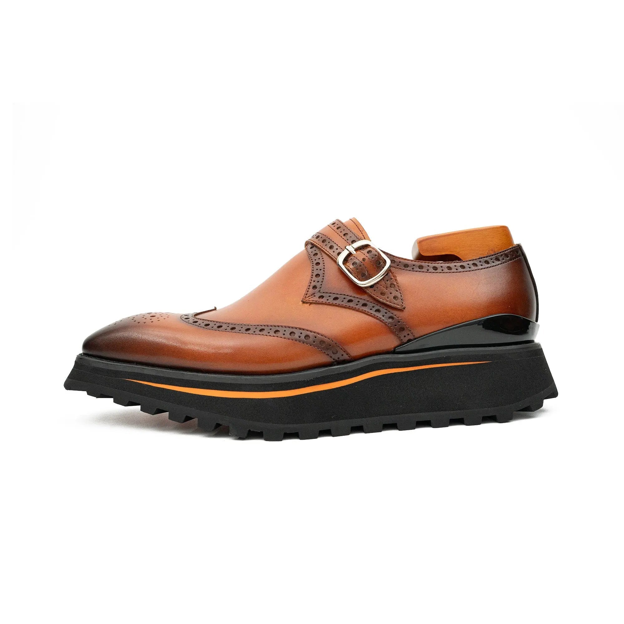 Brown Brogue Monk Shoes With Chunky Sole Divinch