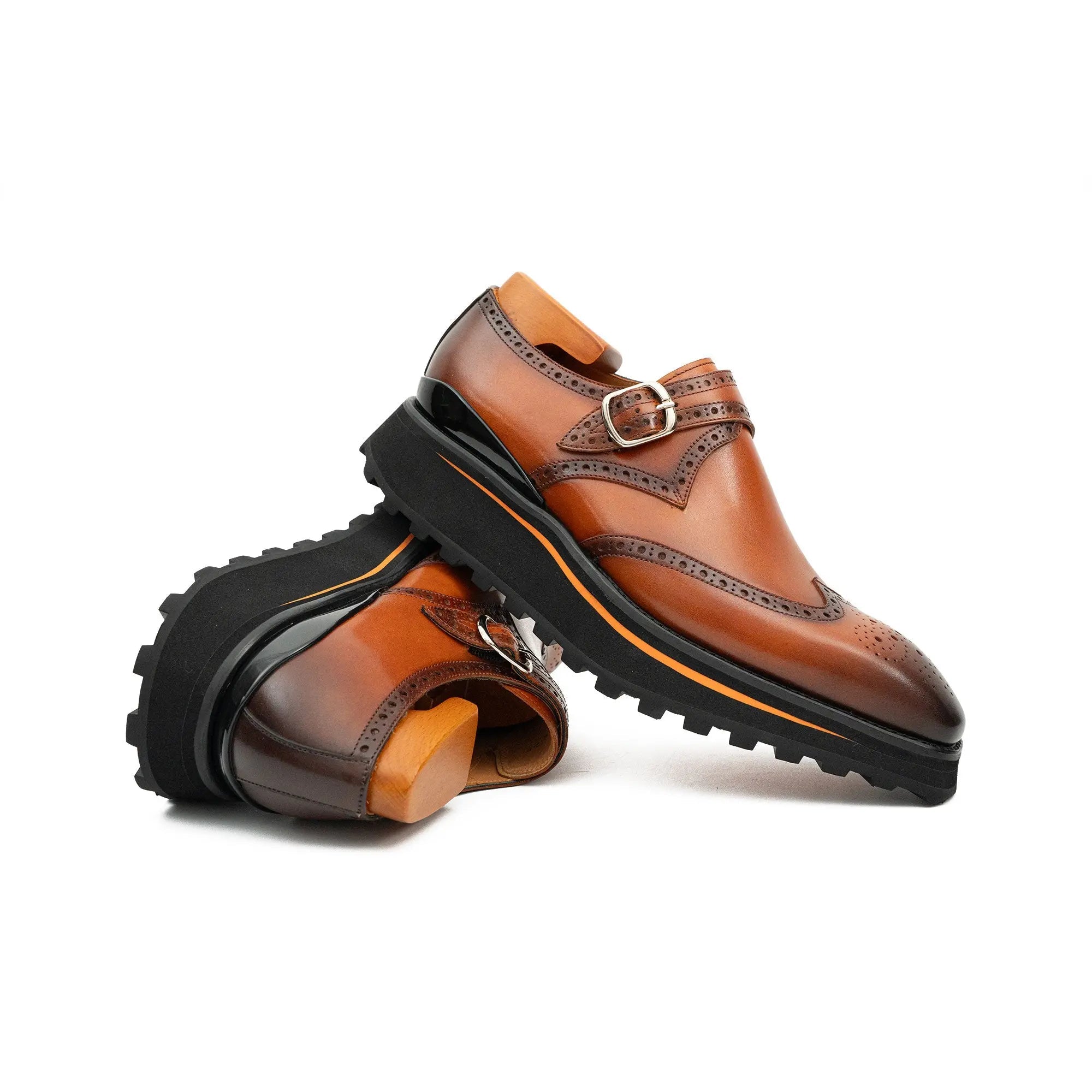 Brown Brogue Monk Shoes With Chunky Sole VanPasch