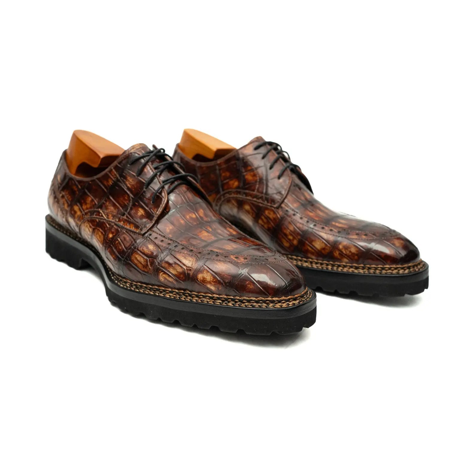 Brown Croc Texture Norwegian Brogue Derbies VanPasch