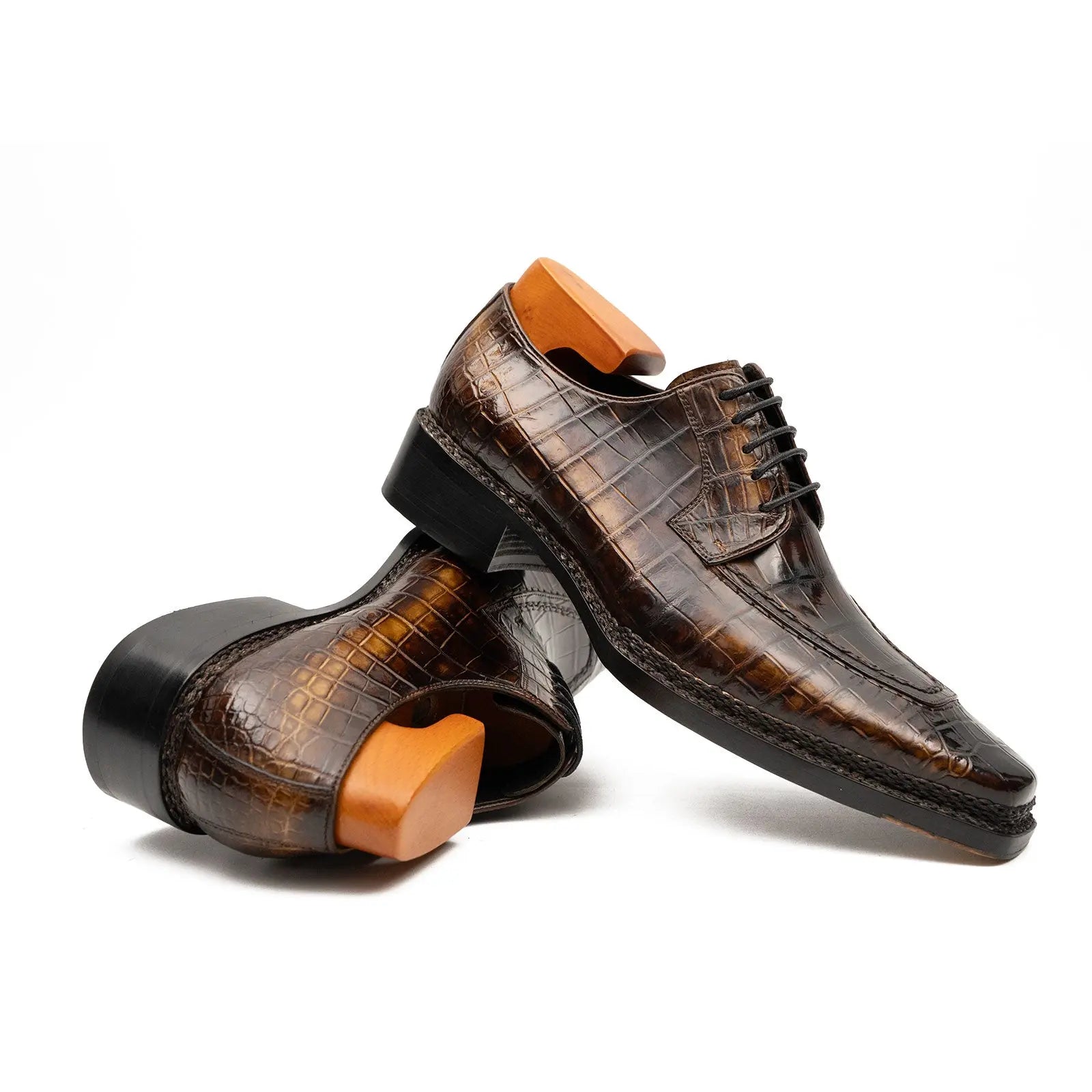 Brown Crocodile Derby Shoes Goodyear Norwegian 8014 VanPasch