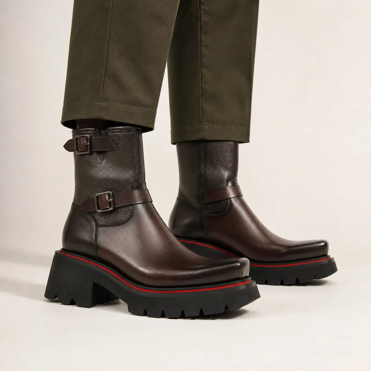 Brown Double-Buckle Platform Boots on-foot studio view – VanPasch