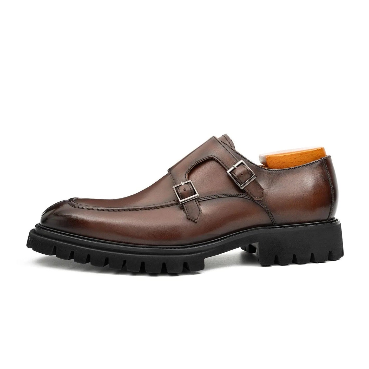 Brown Double Monk Strap Leather Shoes VanPasch