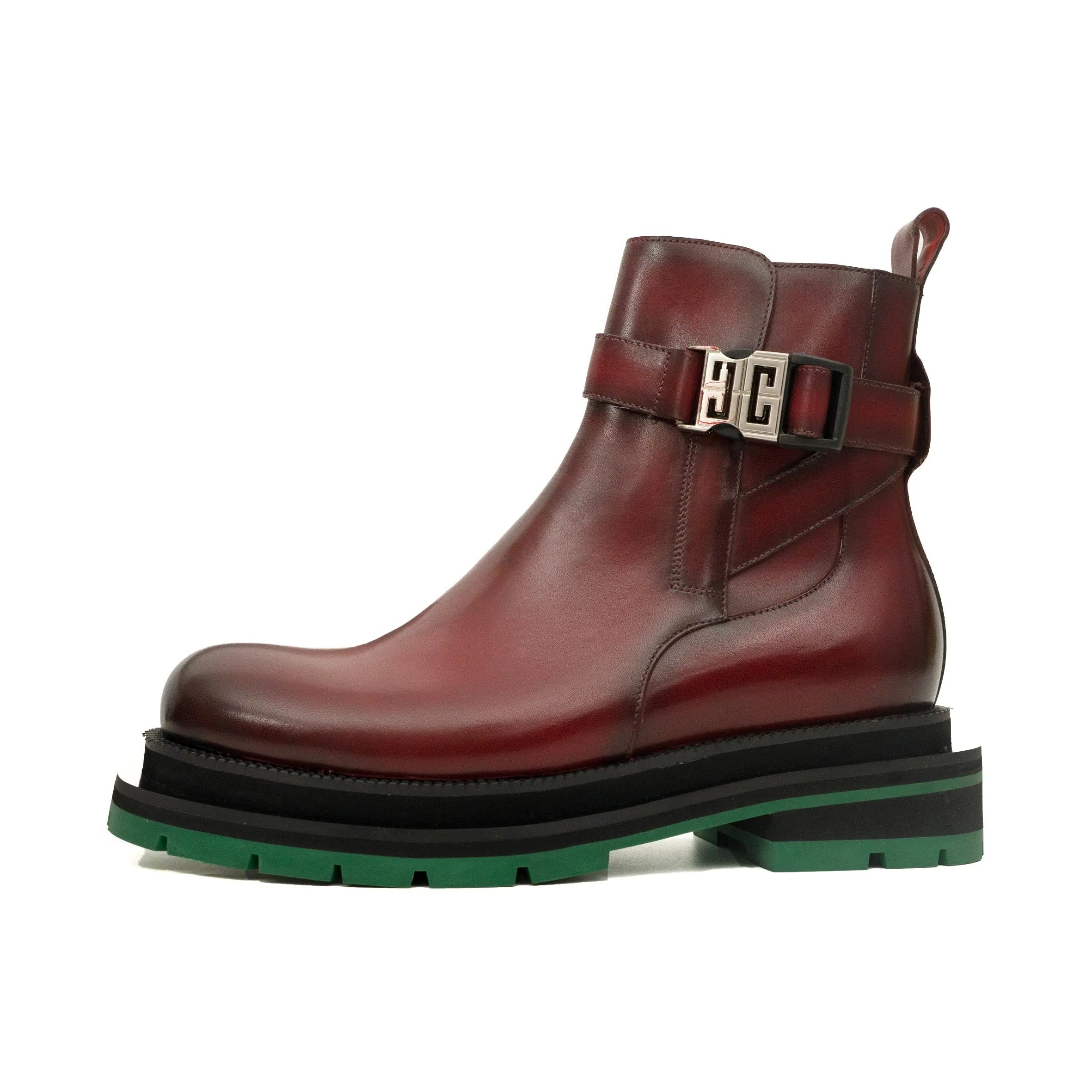 Burgundy Buckle Boots with Green Sole VanPasch