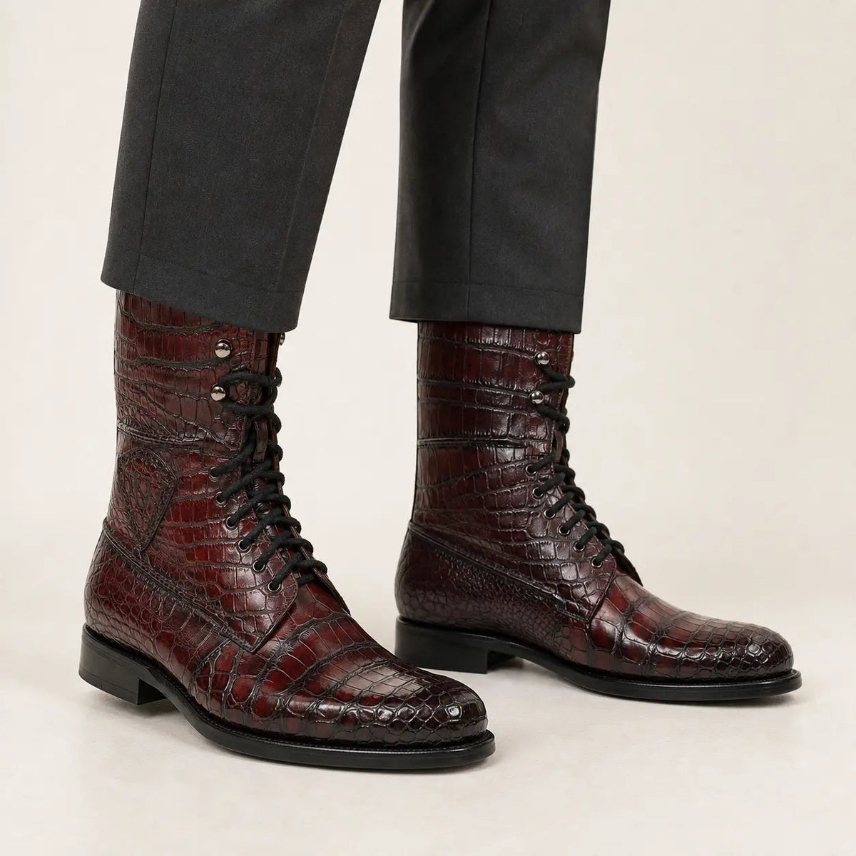 Burgundy Crocodile Lace-Up Boots on-foot studio view – VanPasch