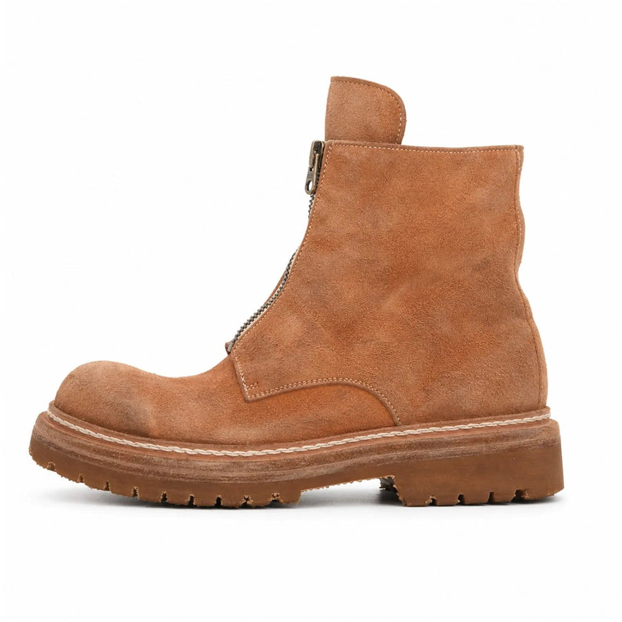 VanPasch camel suede zip ankle boot front view