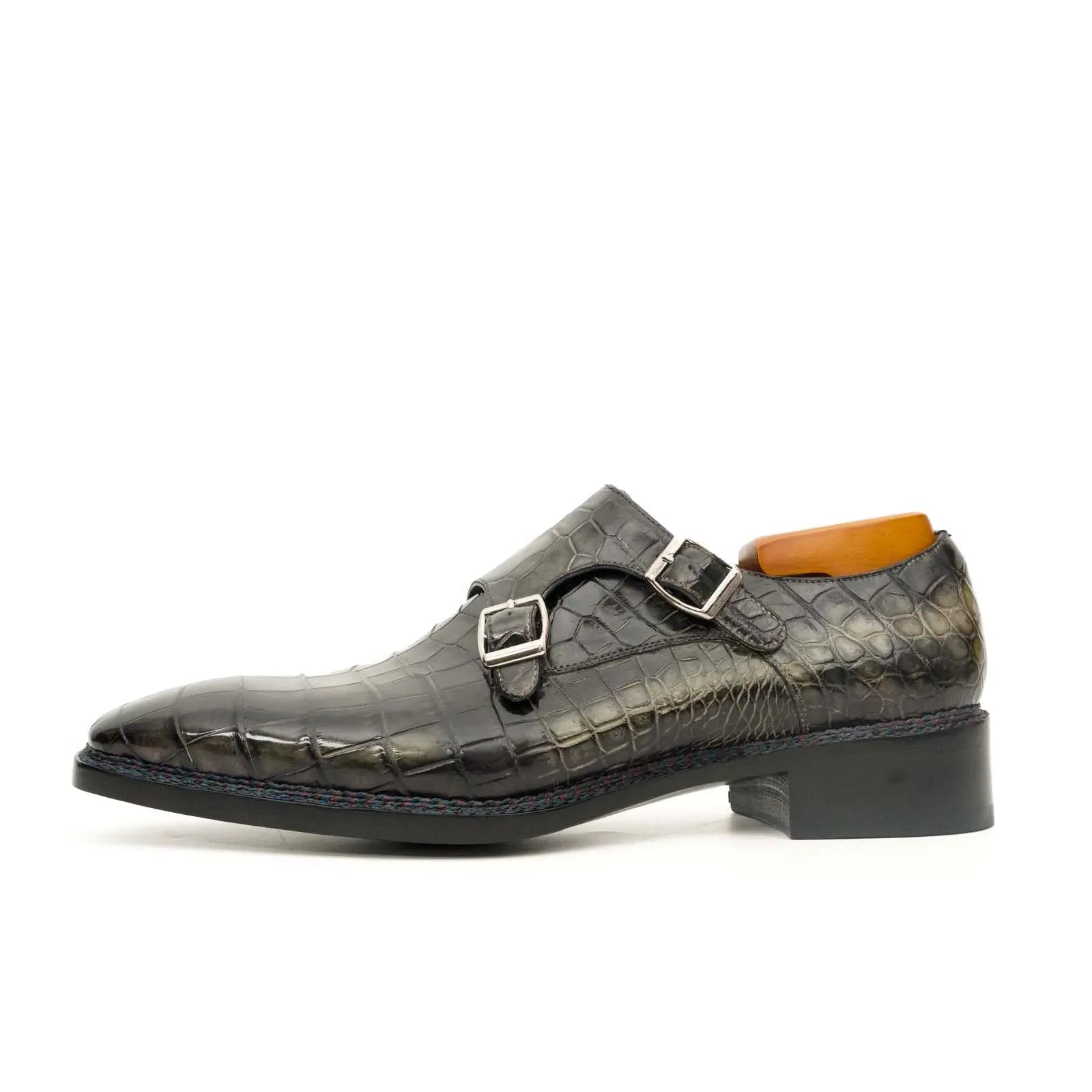 Charcoal Crocodile Double Monk Shoes VanPasch
