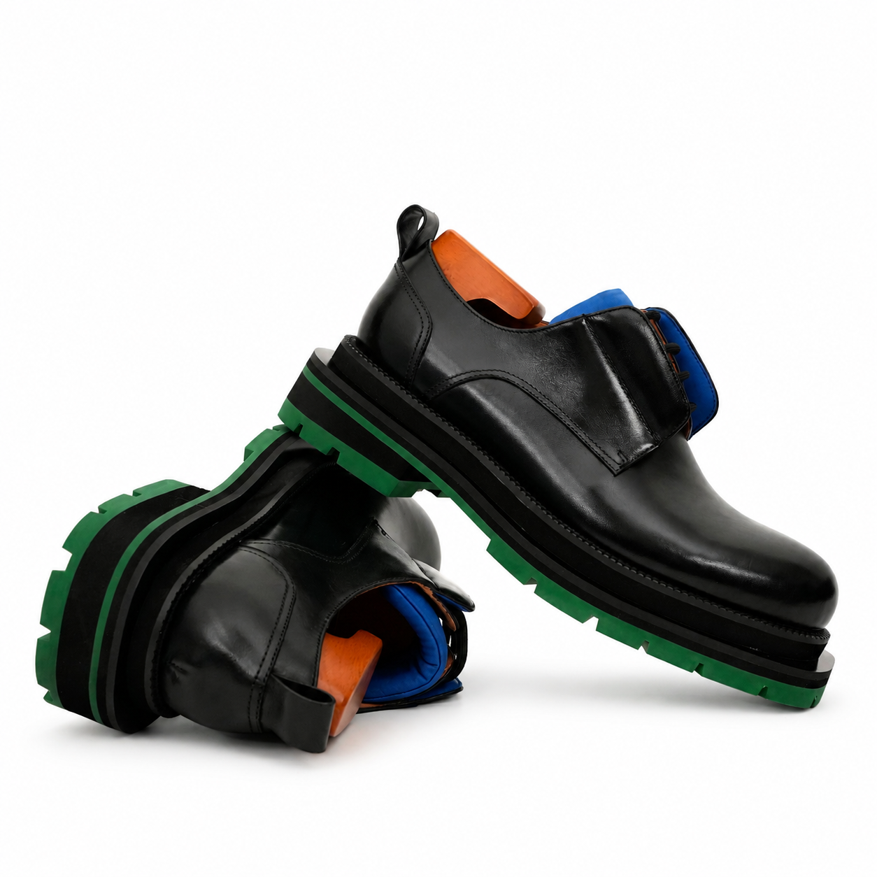 Black Blue Lug Sole Derby Shoes