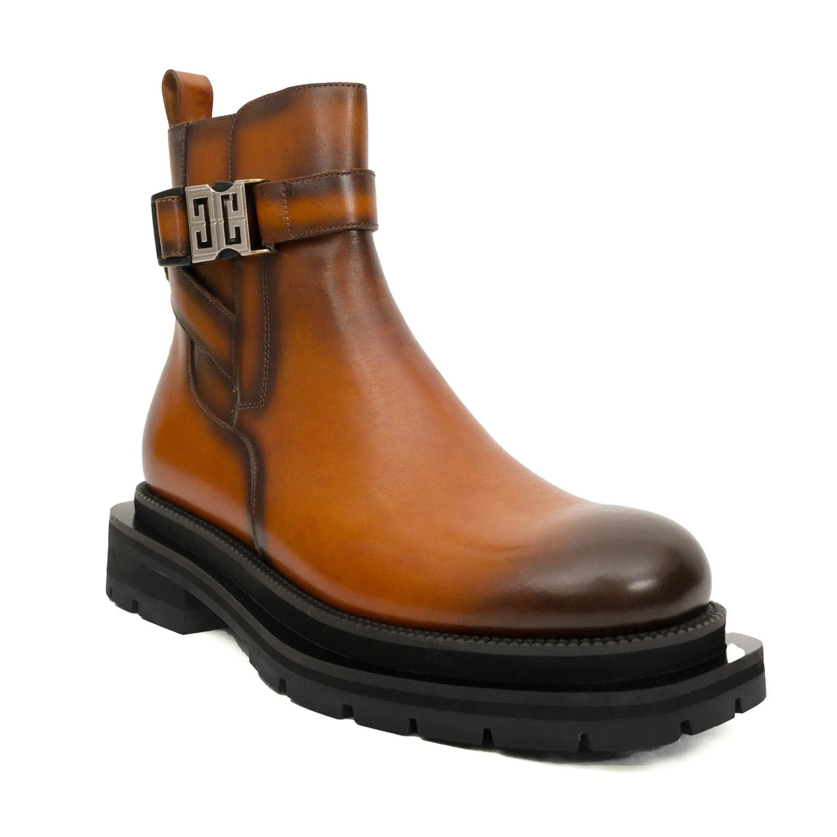 Cognac Buckle Zip Ankle Boots VanPasch