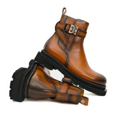 Cognac Buckle Zip Ankle Boots VanPasch
