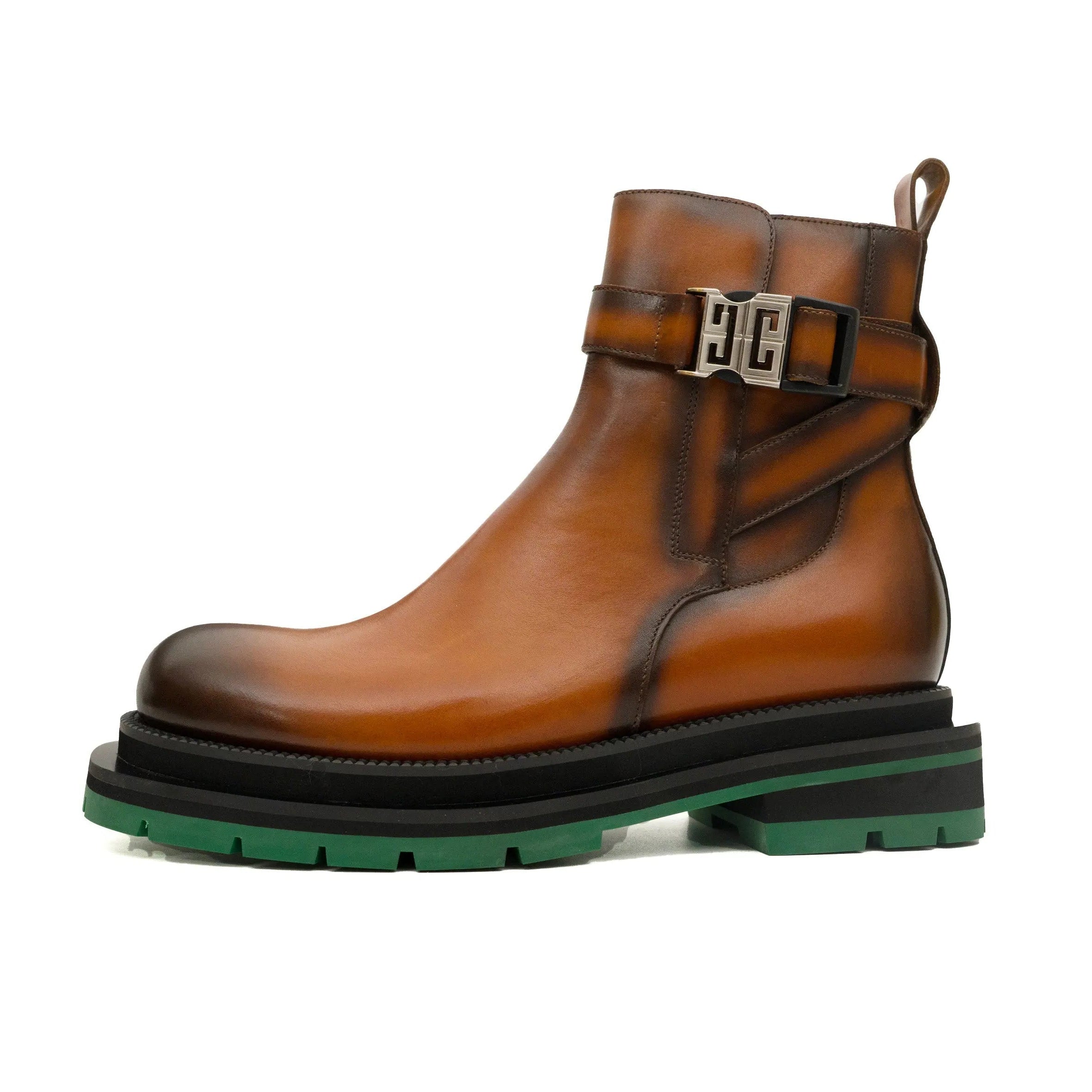 Cognac Buckle Zip Boots with Green Sole VanPasch