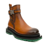 Cognac Buckle Zip Boots with Green Sole VanPasch