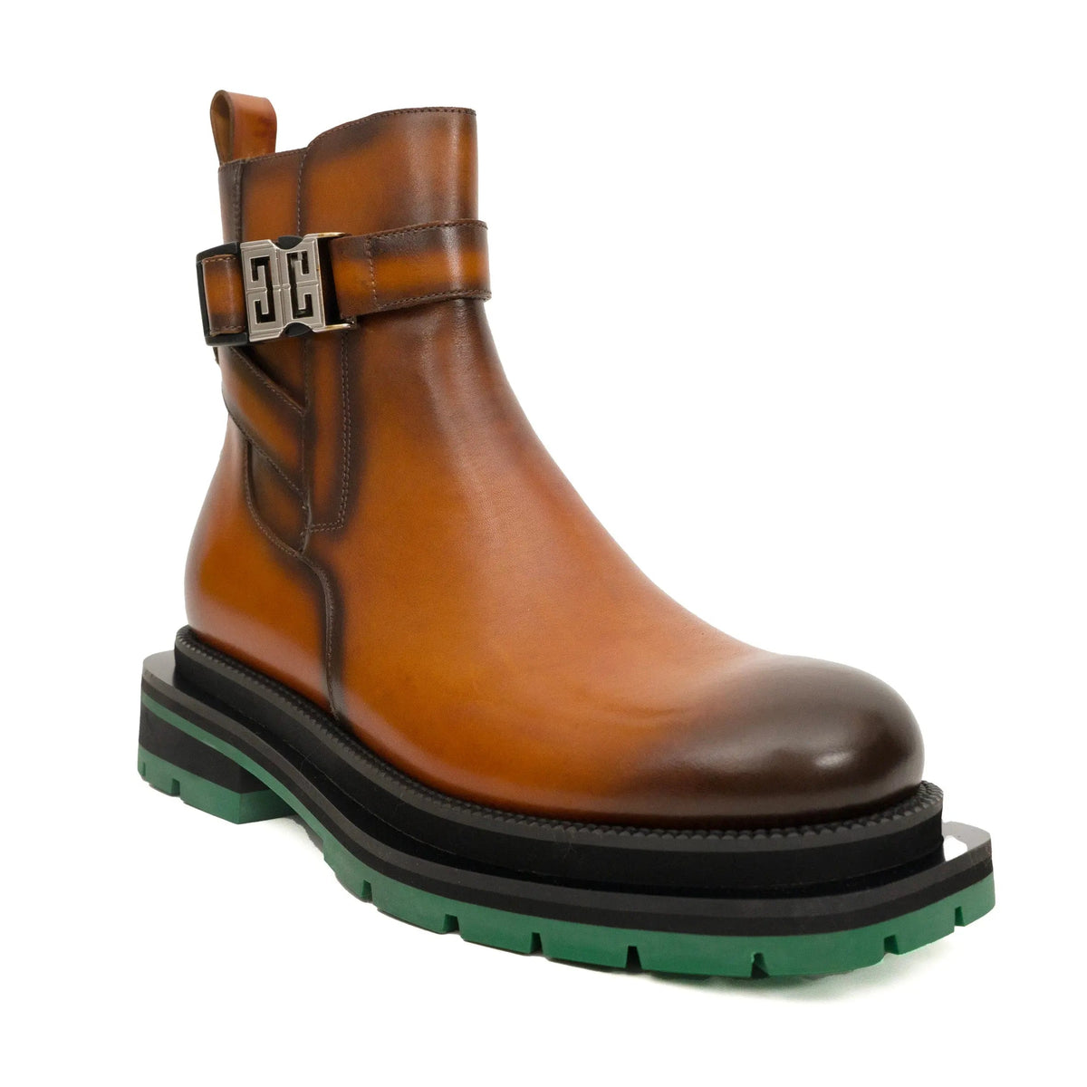 Cognac Buckle Zip Boots with Green Sole VanPasch