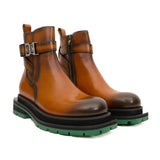 Cognac Buckle Zip Boots with Green Sole VanPasch